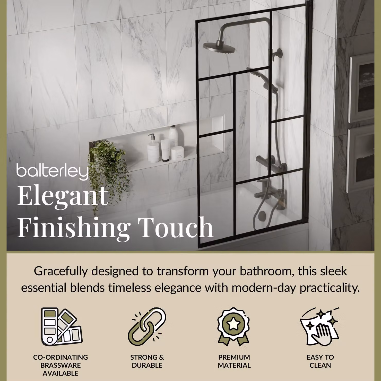 Balterley Abstract Square Reversible Shower Bath Screen with 6mm Safety Glass and Easy Clean Coating, Black, W: 143 cm – 2