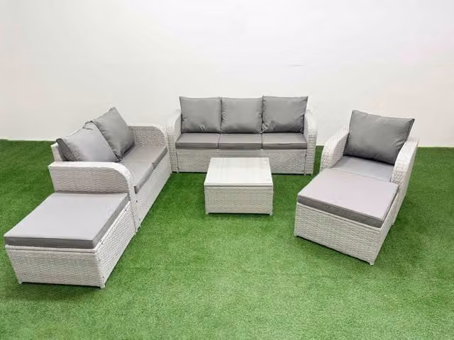 Fimous Patio 8 Seater Grey Rattan Outdoor Furniture Set with Coffee Table, 3 Seater Sofa, 2 Seater Sofa and Upholstered Cushions