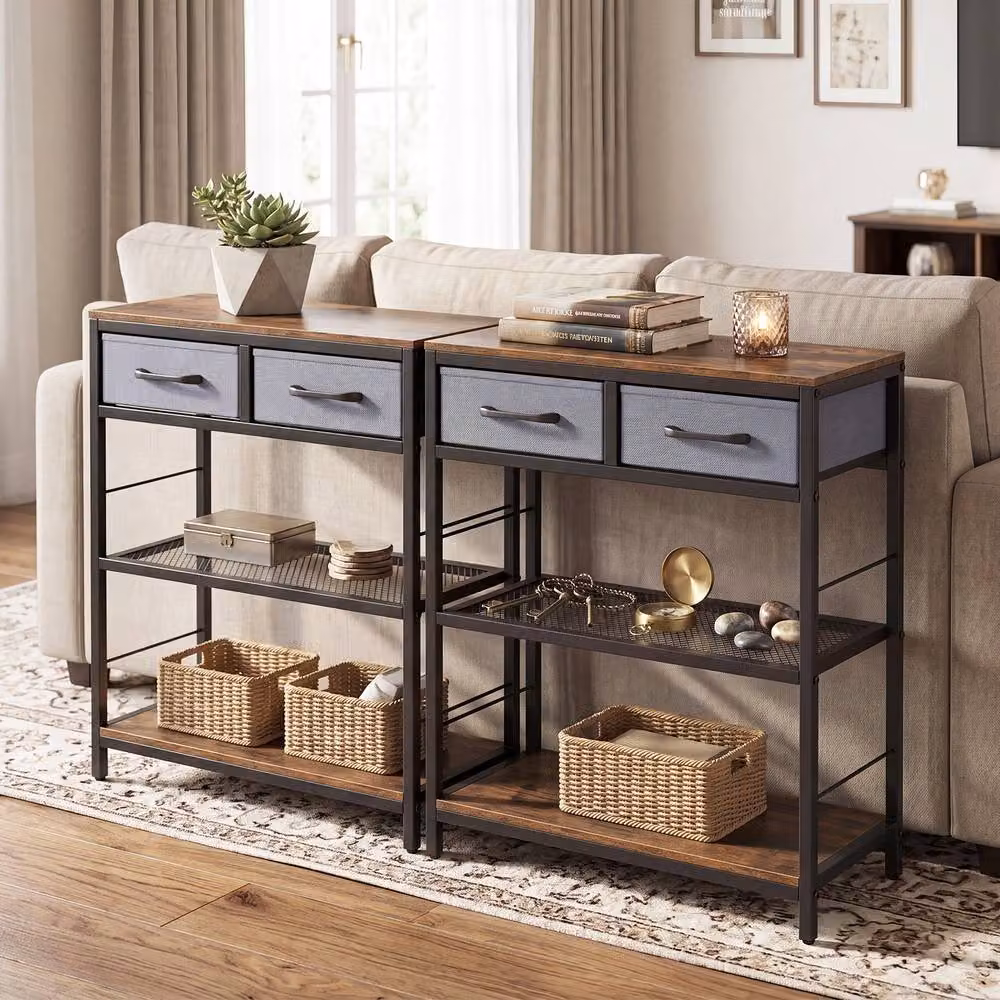 Gymax Narrow Rustic Brown Wood Console Table with 2 Fabric Drawers – 4
