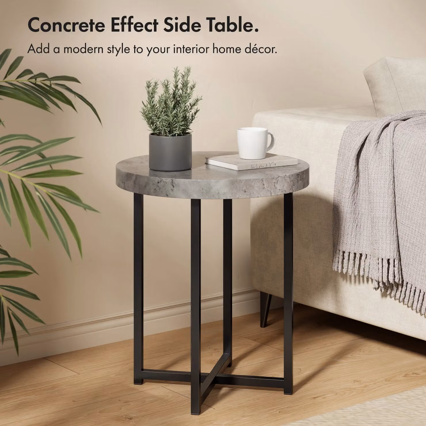 VonHaus Grey and Black Round Industrial Side Table with X-Frame Metal Base, W/D/H: 48 x 48 x 56 cm – 2