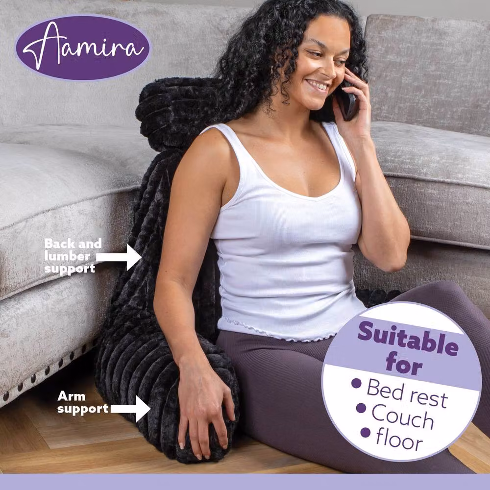 Aamira Black Faux Fur Ribbed Memory Foam Reading Pillow and Wedge Support Cushion – 7