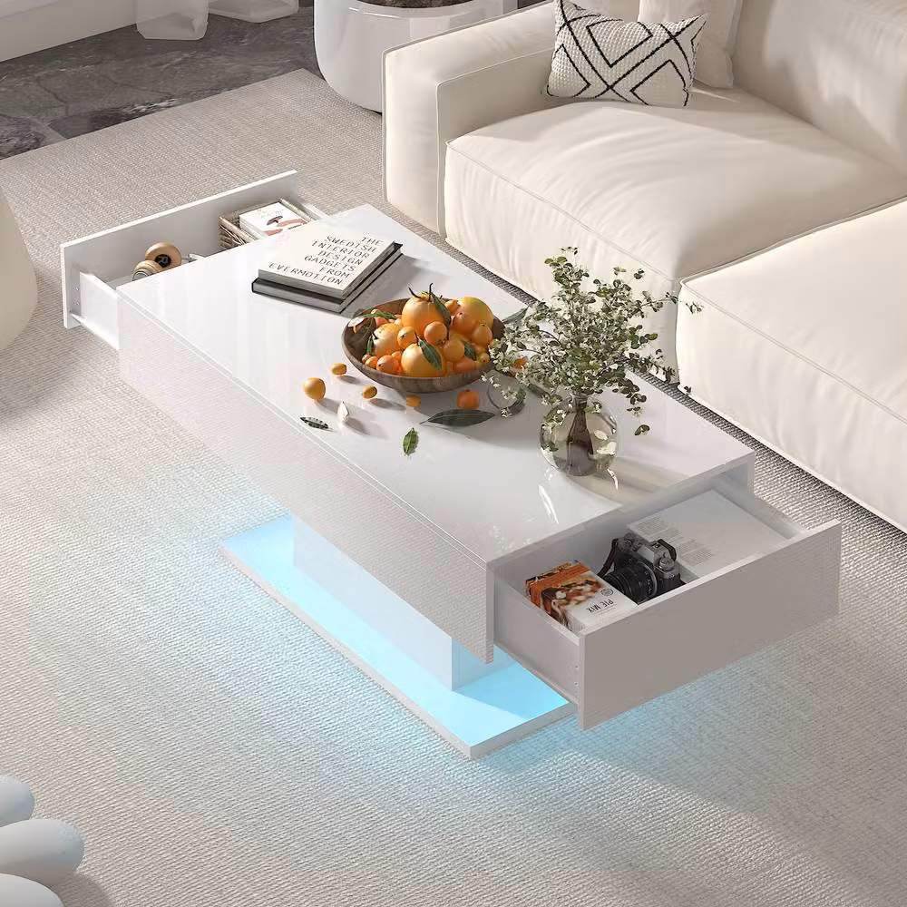 KEEPREAPER Modern Glossy White Rectangular Coffee Table with LED Lights and Storage Drawers W/D/H: 110 x 55 x 50 cm – 2