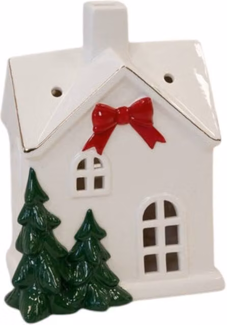 Four Candle Large Ceramic Christmas Tabletop Decoration in White with Red Bow