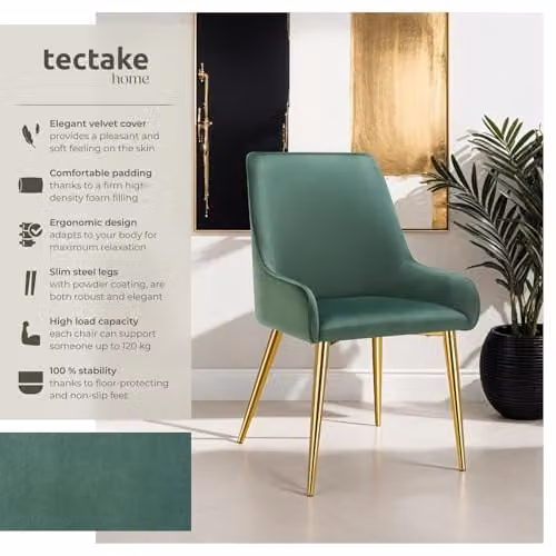 tectake Set of 4 Avane Dining Chairs in Green Velvet with Gold Metal Legs – 4