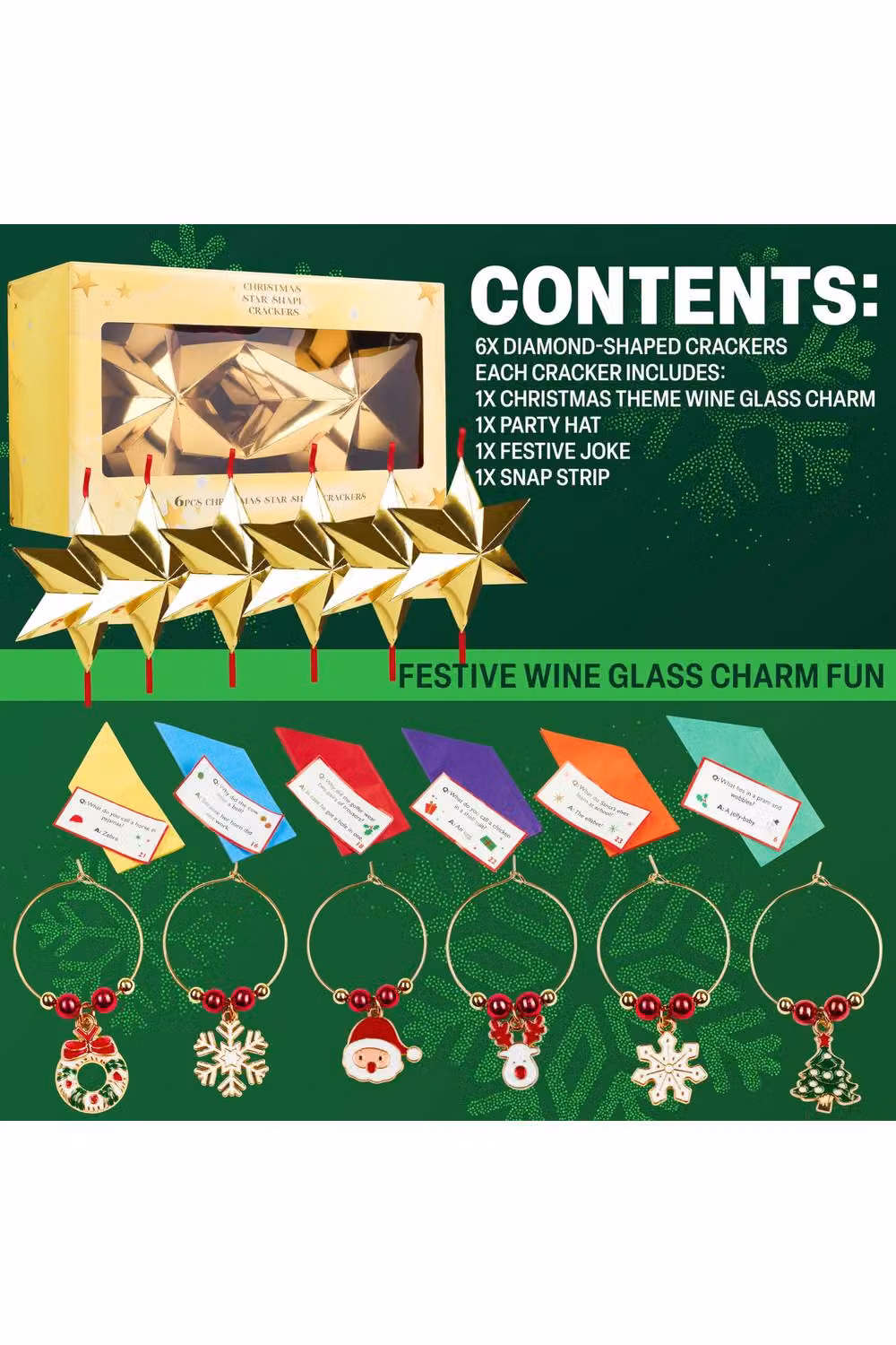 KreativeKraft Luxury Christmas Crackers with Wine Glass Charms and Festive Glass Markers, 6 Pack, Gold Star and Multicolour – 9