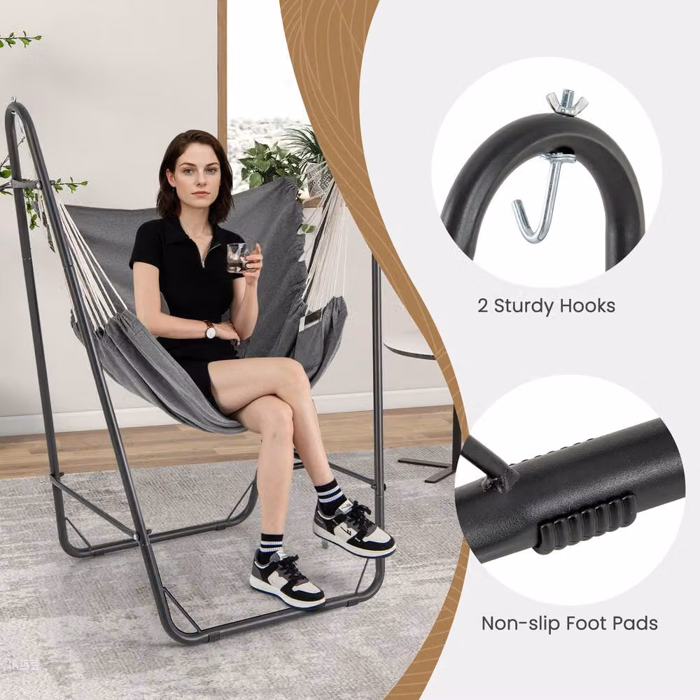 Gymax Hammock Swing Chair with Metal Stand and Side Pocket in Grey – 5