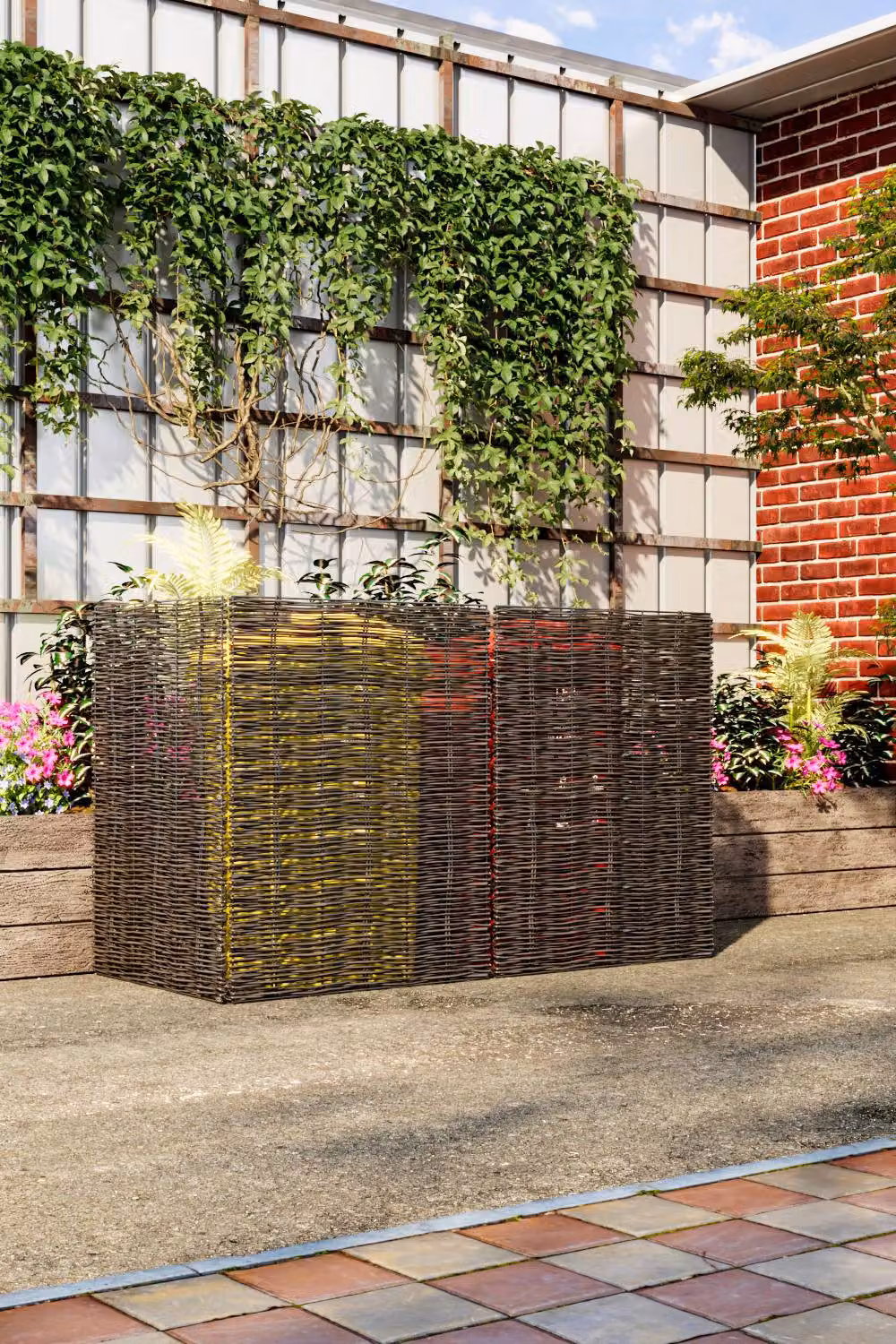 Living and Home Wicker Trash Can Privacy Fence in Brown, H 180 x W 115 x D 81 cm – 2