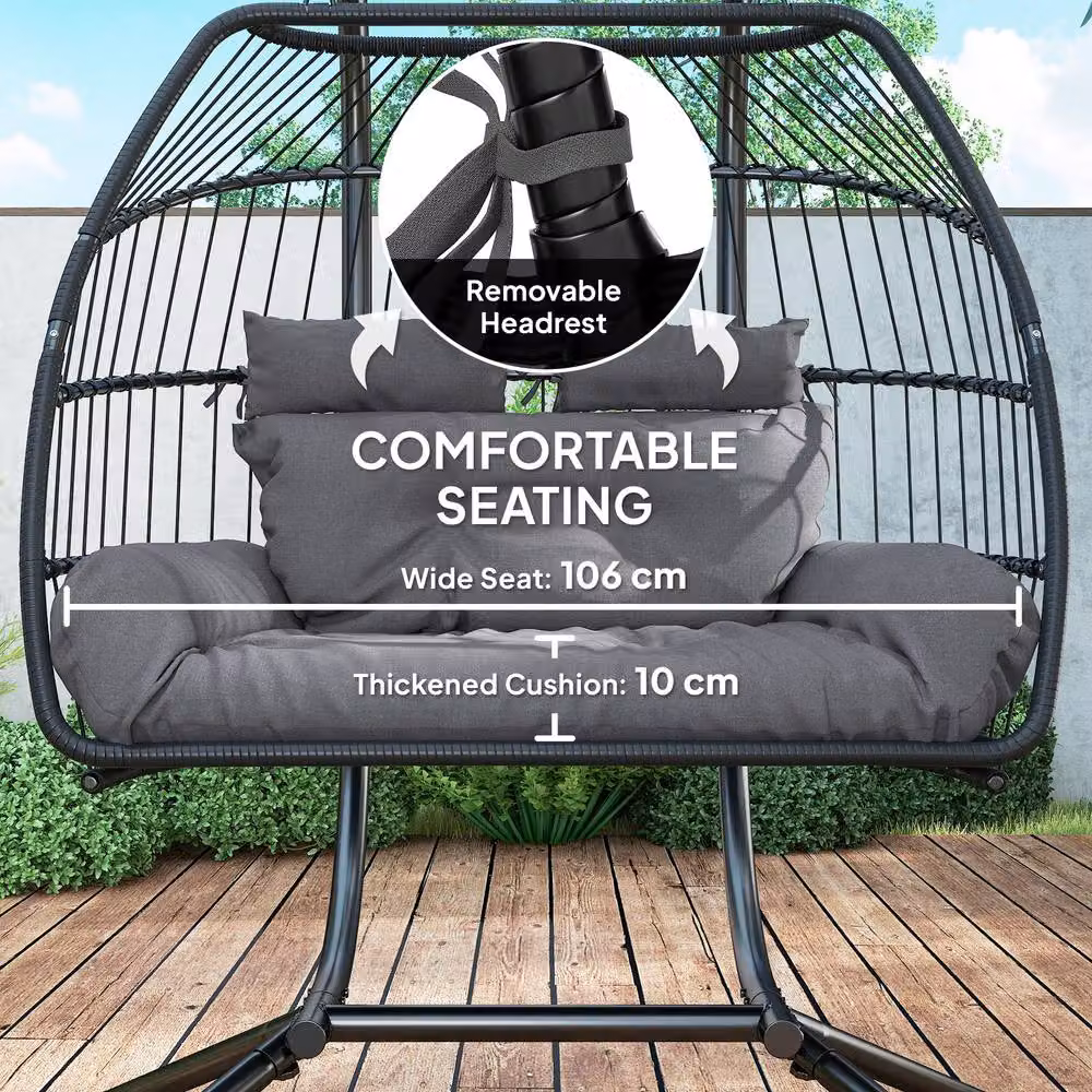 ERGOVEXA Rattan Double Hanging Egg Chair with Stand in Dark Grey – 7