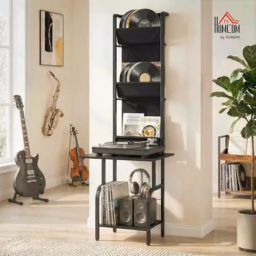 HOMCOM Industrial Vinyl Record Player Stand with Media Compartments, Black, W: 48.5 cm, D: 48.5 cm, H: 144.0 cm – 2