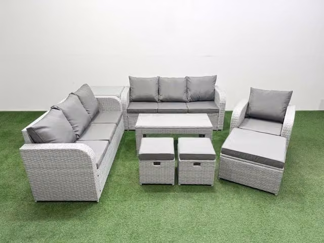 Fimous 10 Seater Poly Rattan Garden Furniture Set in Grey with Oblong Coffee Table, 3 Seater Sofas, Reclining Chairs, and Stools