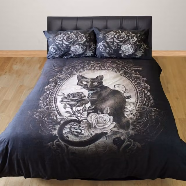 Alchemy Paracelsus Gothic Rose Cat Duvet Cover and Pillowcase Set, Black, W/D/H: 200 x 200 cm and 50 x 75 cm