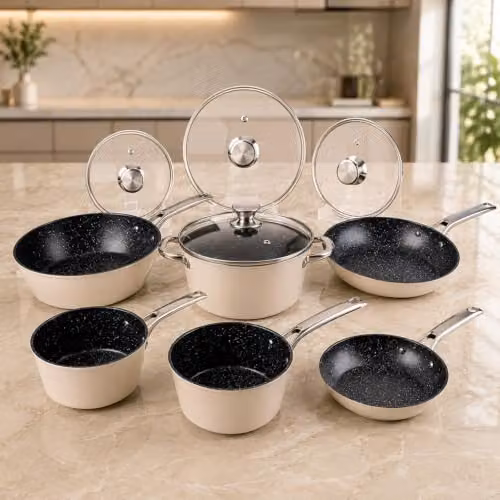 Alivio 10 Piece Non-Stick Aluminium Alloy Cookware Set with Lids in Beige, Compatible with Induction, Gas, Electric and Halogen Cooktops