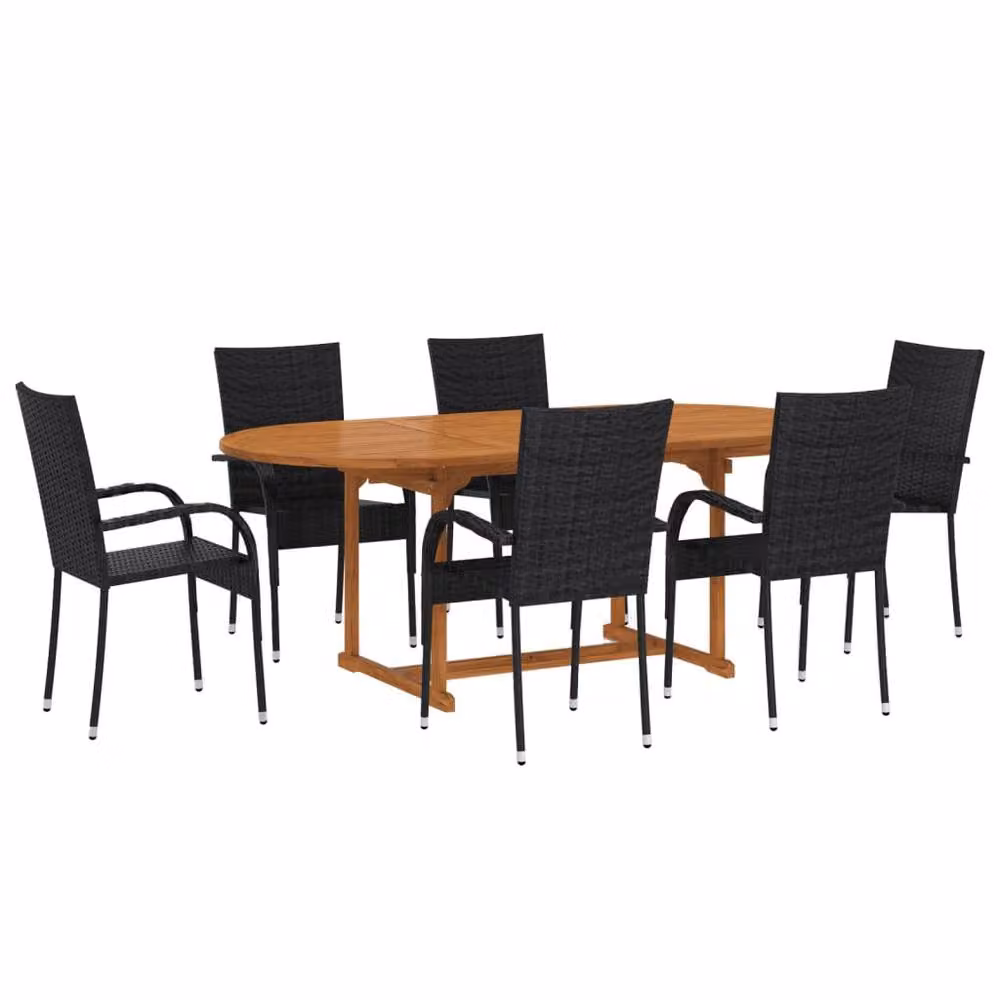 Berkfield Home 7 Piece Modern Poly Rattan Garden Dining Set in Black with Acacia Wood – 2
