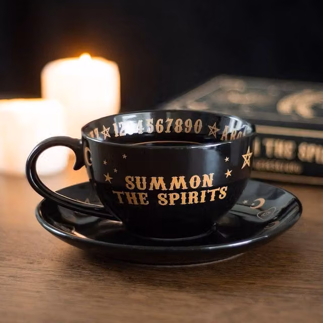 Uniqueful Black and Gold Talking Board Ceramic Teacup and Saucer, 550ml