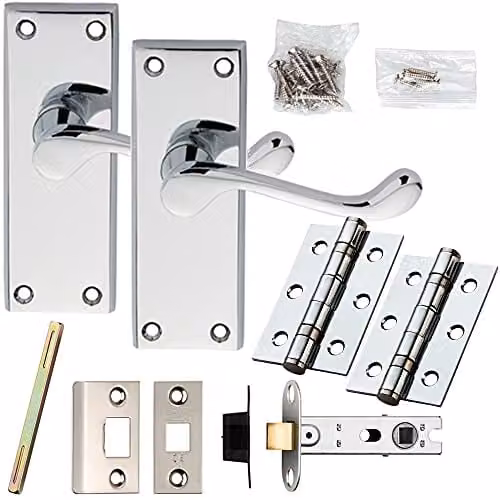 Loops Chrome Victorian Scroll Short Lever Door Handle and Latch Pack, Plate Size: 118 x 43 mm