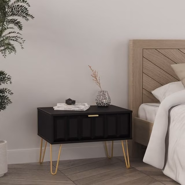 2 U Metro Ready Assembled 1 Drawer Wide Side Table in True Black and Gold