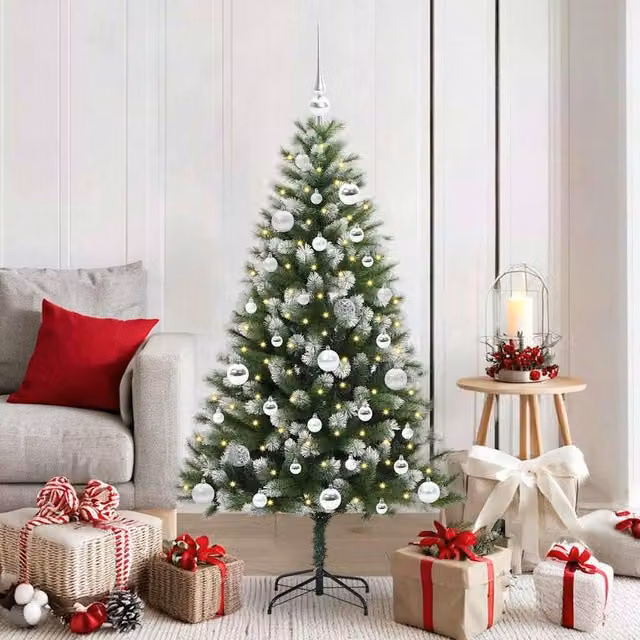 Berkfield Home Artificial Hinged Christmas Tree with Flocked Snow, Green, Height: 150 cm