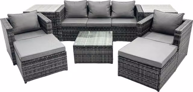Fimous 7 Seater Patio Lounge Sofa Set with 2 Side Tables and 2 Large Footstools in Dark Grey – 1