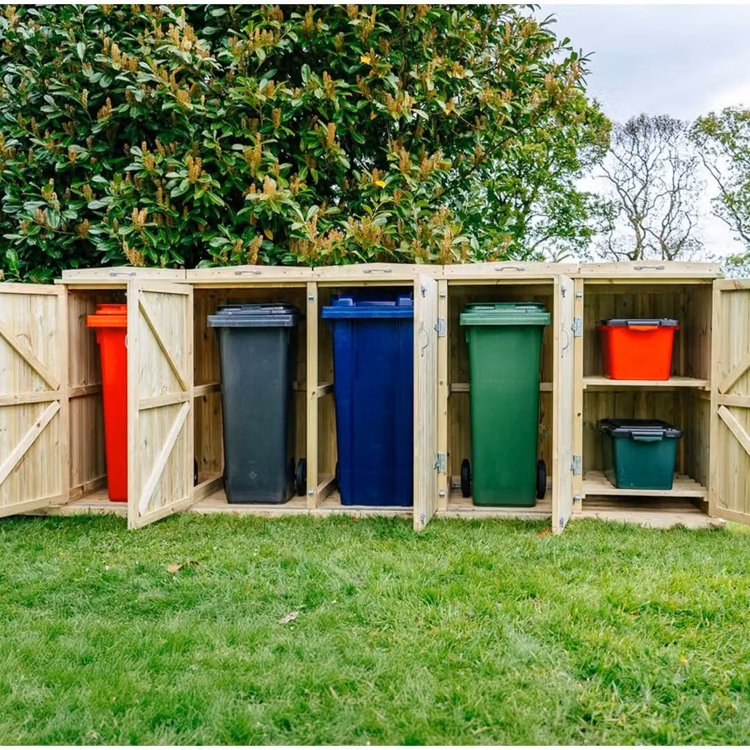 Buttercup Farm Shireburn Brown Wooden Bin Store with Shelving, Fits 4x 180L/240L Wheelie Bins and 2x Boxes – 3