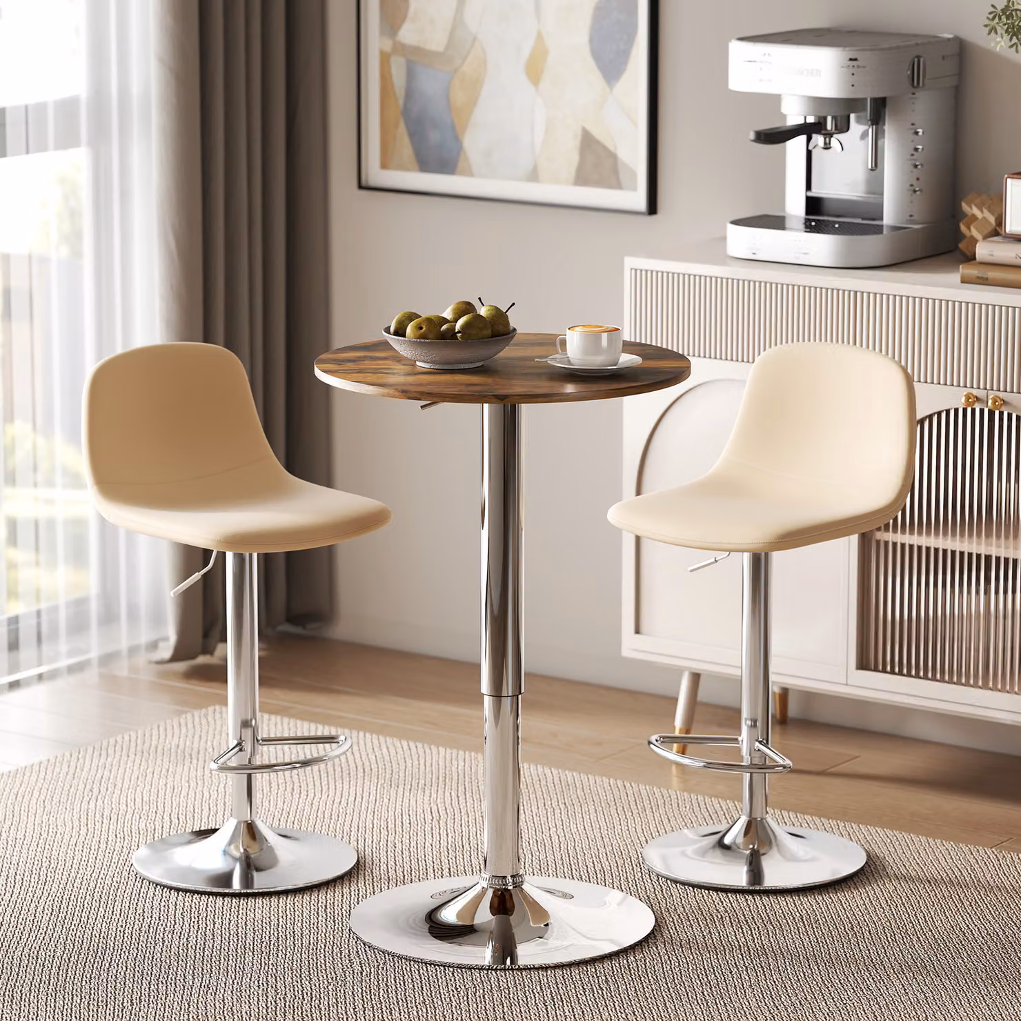 HOMCOM Round Bar Table with 360 Degree Rotating Top and Adjustable Height in Rustic Brown – 2