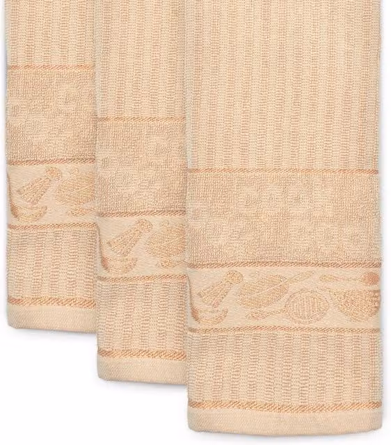 Kitchen Trends Set of 3 Highly Absorbent Striped Jacquard Cotton Tea Towels in Beige