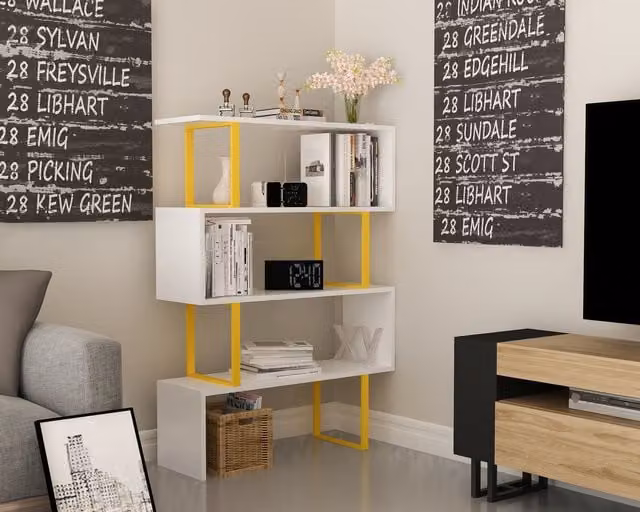 Decorotika Adria 4-Tier Geometric Industrial Bookshelf in White and Yellow, W/D/H: 120 x 90 x 40 cm