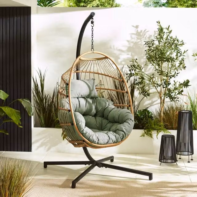 FurnitureboxUK Green Boho Outdoor Hanging Egg Chair with Cushions and Cover