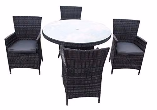 Chusstang Rattan Garden Dining Set with Table and 4 Chairs in Grey with Black Cushions