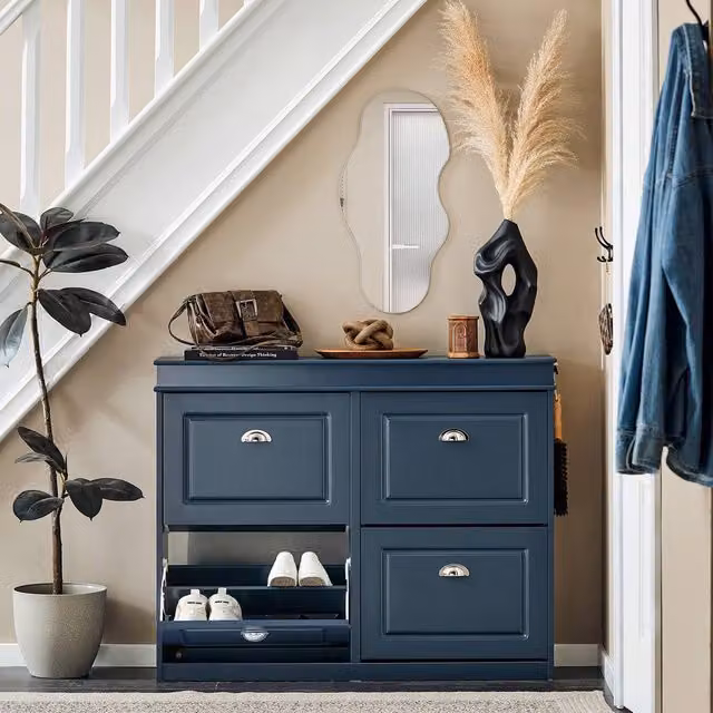 SoBuy Slim Modern Shoe Cabinet with Tilting Compartments in Matt Blue