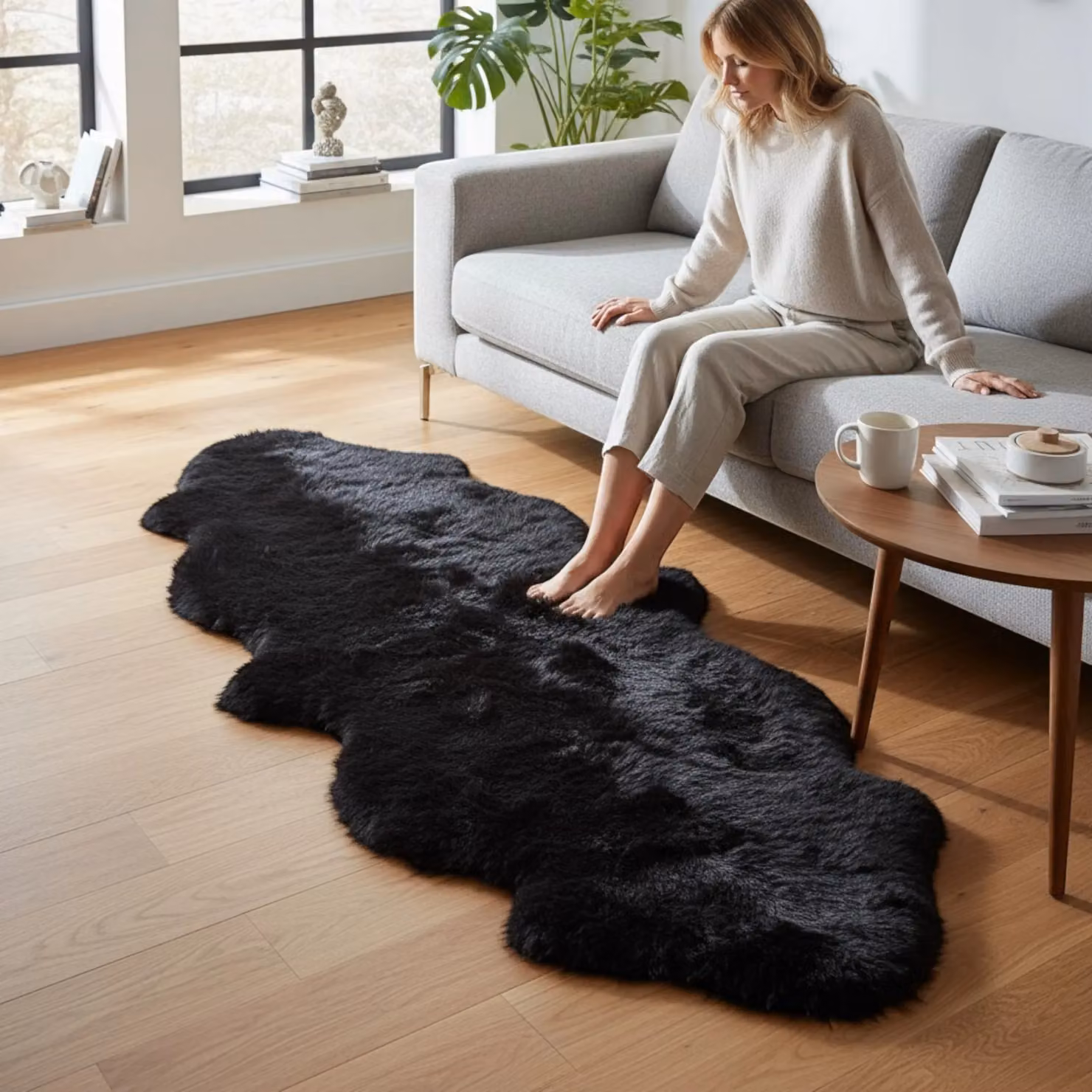 Infinity Leather Black Genuine Sheepskin Double Layer Wool Rug, W/D: 180 x 60 cm – 2