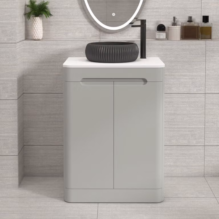 Royal Bathrooms Venice 600mm Floor Standing 2 Door Vanity Unit in Dove Grey with Plain White Worktop and Milan Black Basin