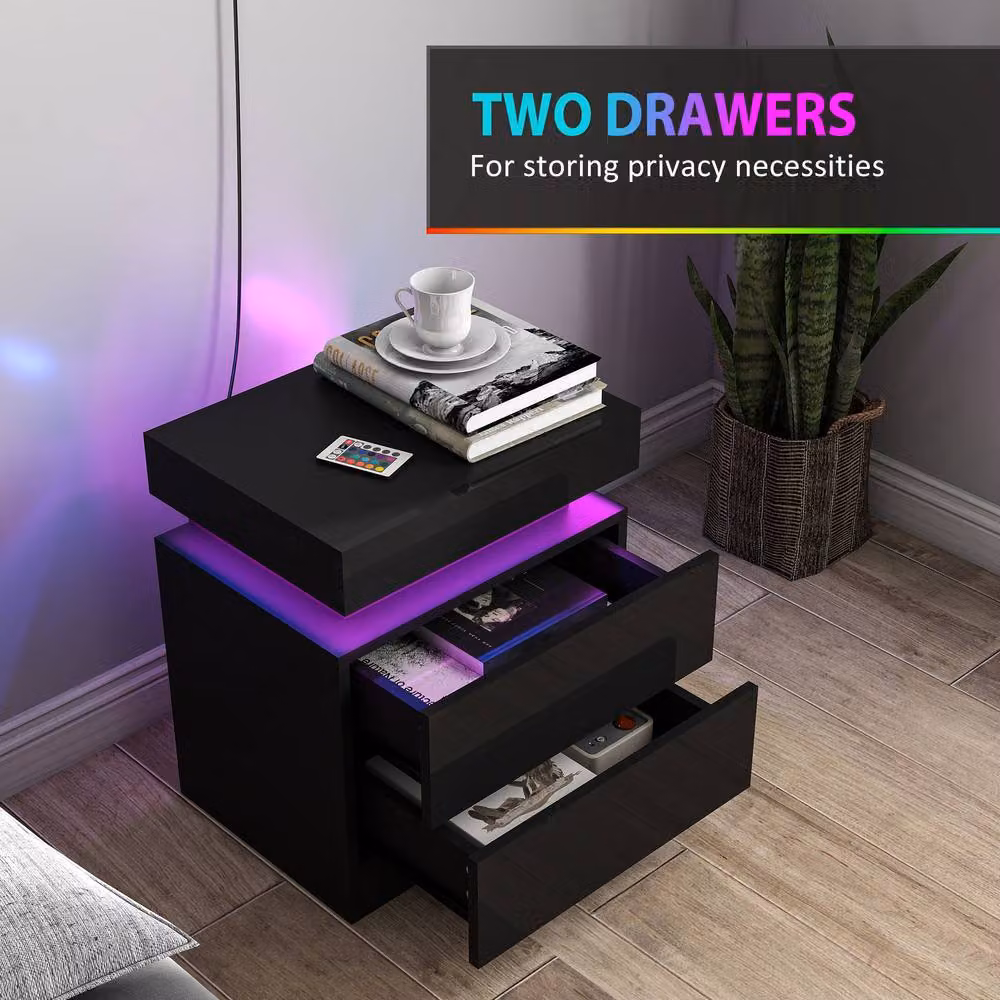 STILVORA Modern Black Glossy Bedside Table with Integrated LED Lighting and 2 Drawers – 8