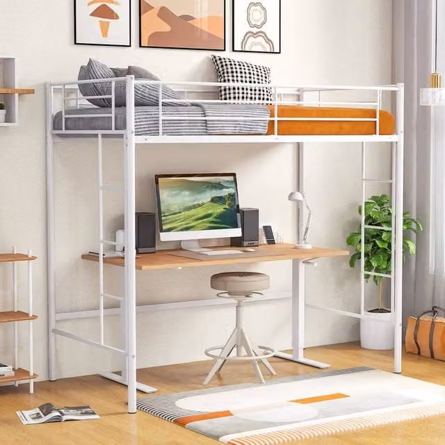KORVIXA Metal Single Loft Bed Frame with Storage Drawers in White – 1