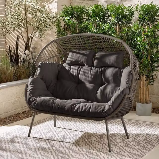 FurnitureboxUK Egg Outdoor Garden Double Chair in Grey with Cushions and Weather Cover – 1