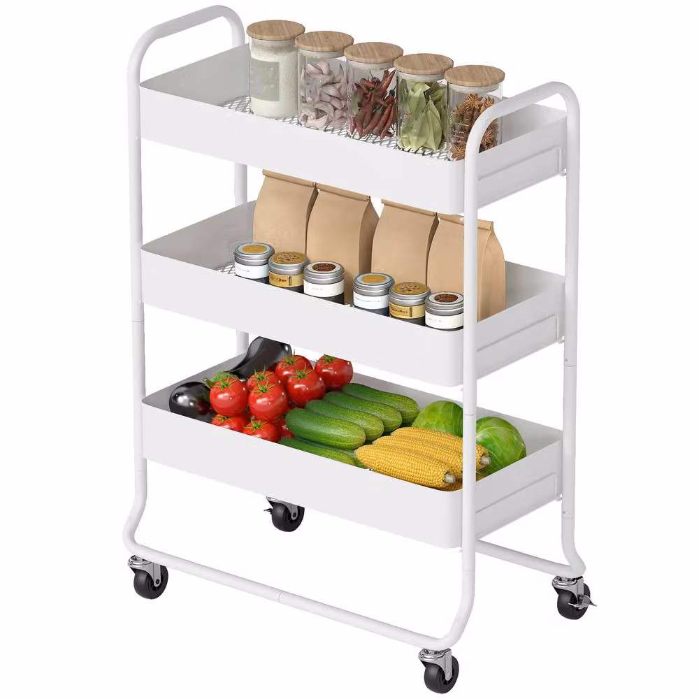 STILVORA Metal Storage Trolley with 3 Baskets on Wheels in White – 2