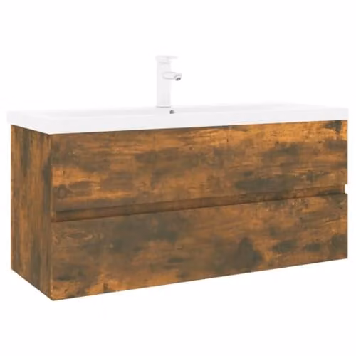 vidaXL Wall-Mounted Bathroom Sink Cabinet with Built-in Basin in Smoked Oak, W: 45.0 cm, D: 43.3 cm, H: 38.5 cm