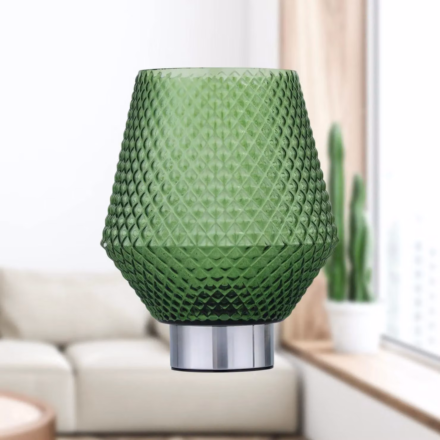 First Choice Lighting Porter Battery Operated Chrome Table Lamp with Green Glass – 4