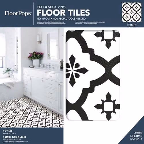 WallPops FP2480 Comet Peel and Stick Floor Tiles, Black, Set of 10, 30.48 x 30.48 cm – 2
