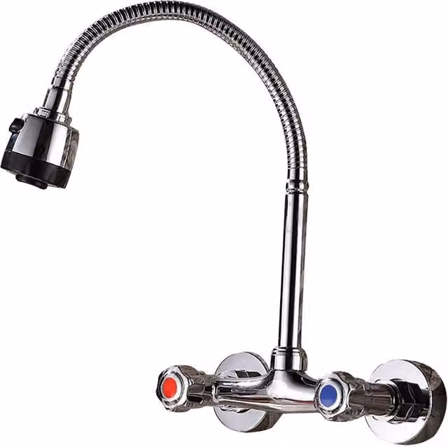 Ventryn Wall Mounted Kitchen Mixer Faucet with Swivel Spout and Spray Function in Chrome Silver