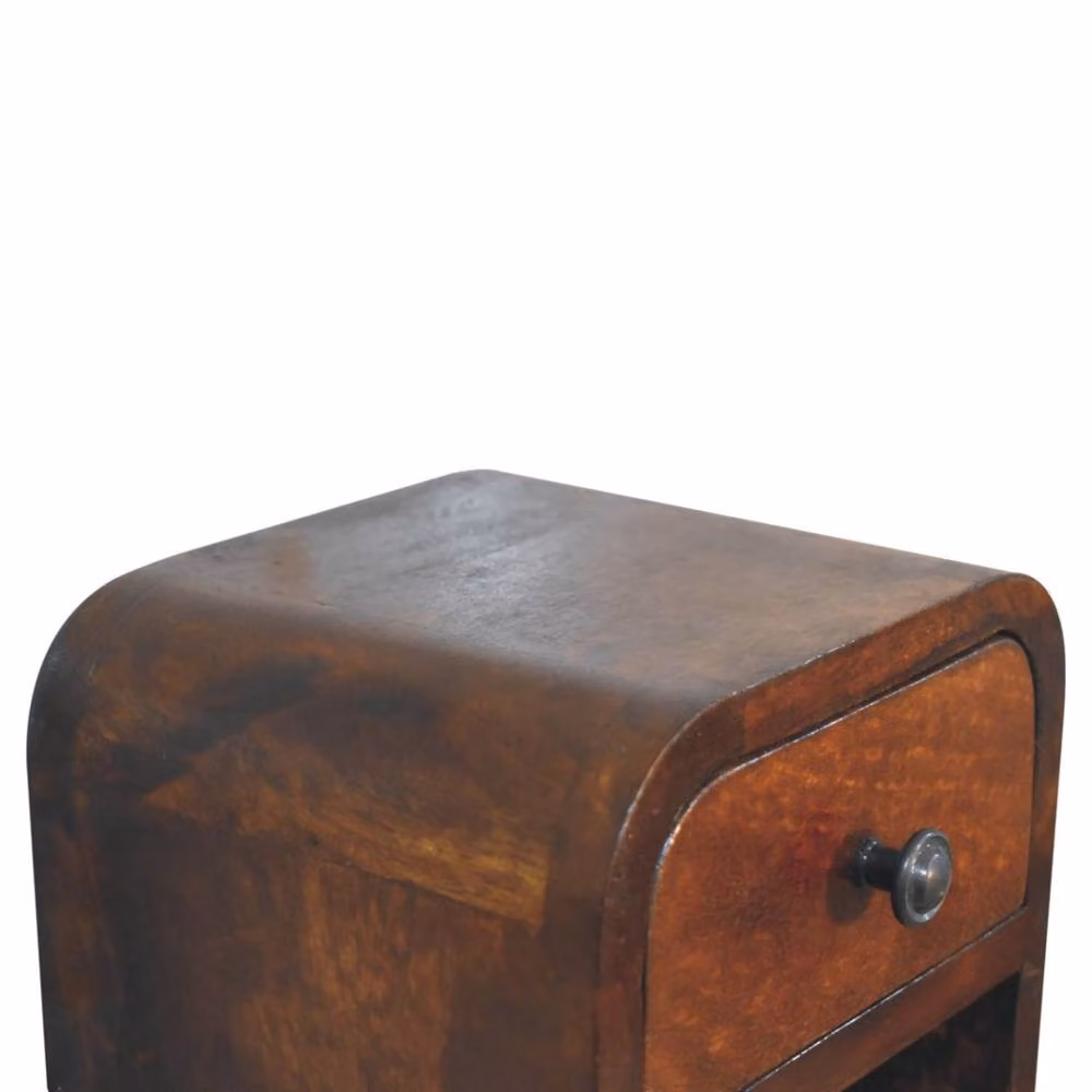 Wyld Haus Cagliari Small Curved Chestnut Bedside Table with Drawer and Open Shelf in Brown – 4