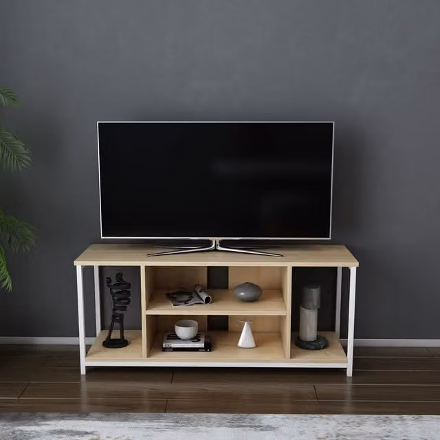 Decorotika Rinaldo Modern TV Unit in White and Brown with Media Compartments, W/D/H: 120 x 51 x 51 cm – 1