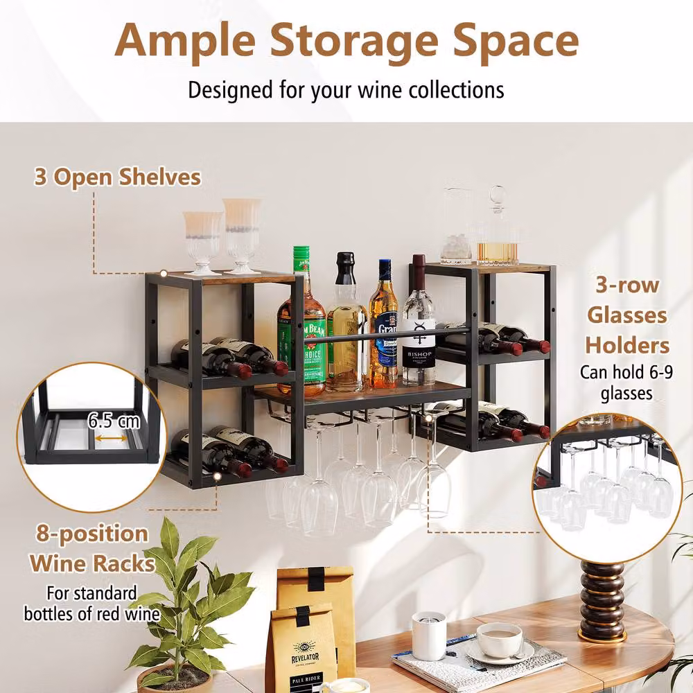 Costway 3-Tier Wall Mounted Industrial Wine Rack and Floating Kitchen Shelf with Glass Holder in Brown – 4