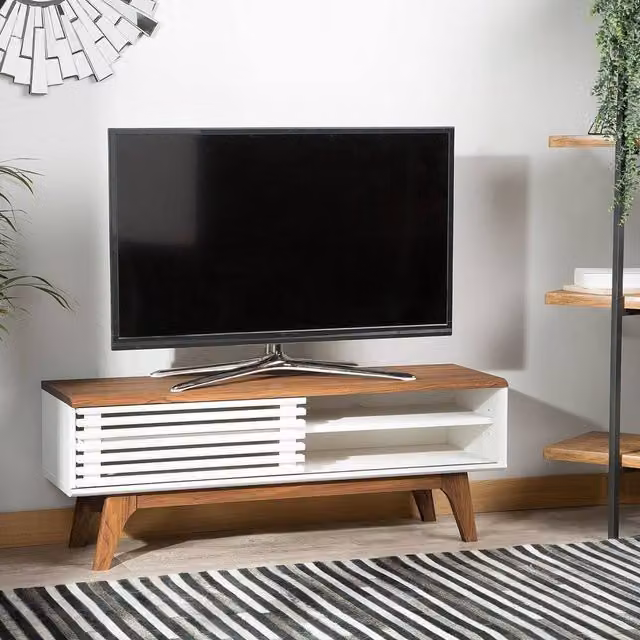 Wyld and Coco Modern TV Stand in White and Brown with 4 Shelves, W/D/H: 117 x 35 x 44 cm – 1