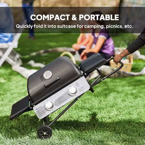 Outsunny Portable Foldable Gas Barbecue Grill with Thermometer and Wheels, Black – 3