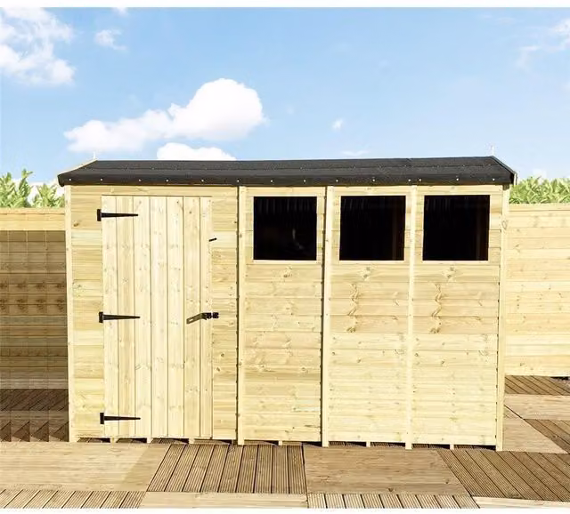 Marlborough Pressure Treated High Eaves Reverse Apex Shed with Single Door in Natural Sand and Beige Wood, W: 365.76 cm, D: 365.76 cm – 1