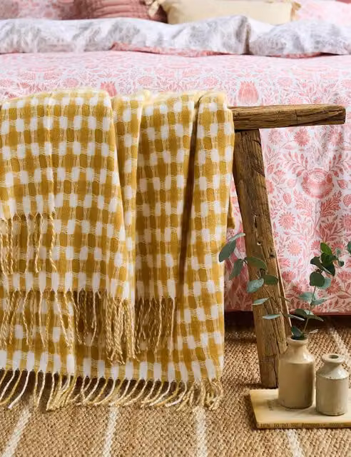 Laura Ashley Knapton Gingham Checked Throw in Yellow Mix with Fringes