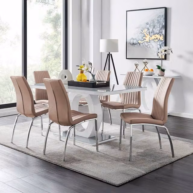 FurnitureboxUK Giovani Grey Dining Table with Six Isco Chairs in Cappuccino, W/D/H: 160 x 90 x 75 cm