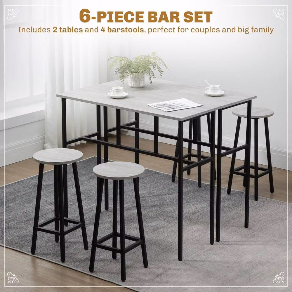 KORVIXA Grey 6-Piece Industrial Metal Bar Table and Chairs Set, W/D/H: 100 x 100 x 100 cm – 2