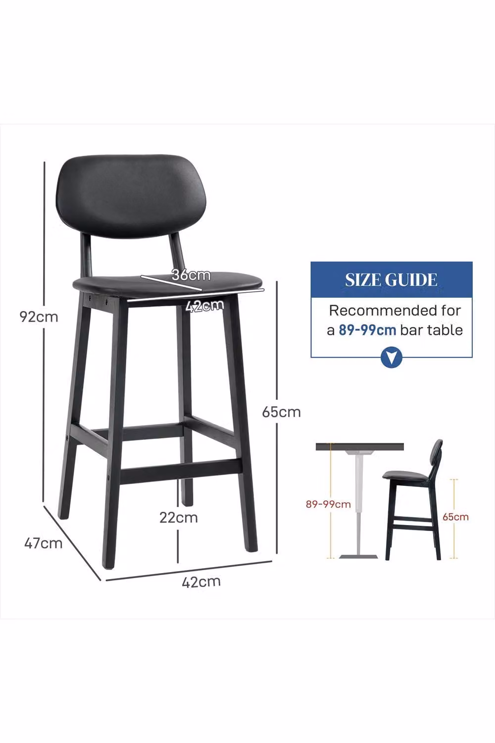 ERGOVEXA Set of Two Classic Black Wooden Bar Stools with Synthetic Leather Upholstery – 2