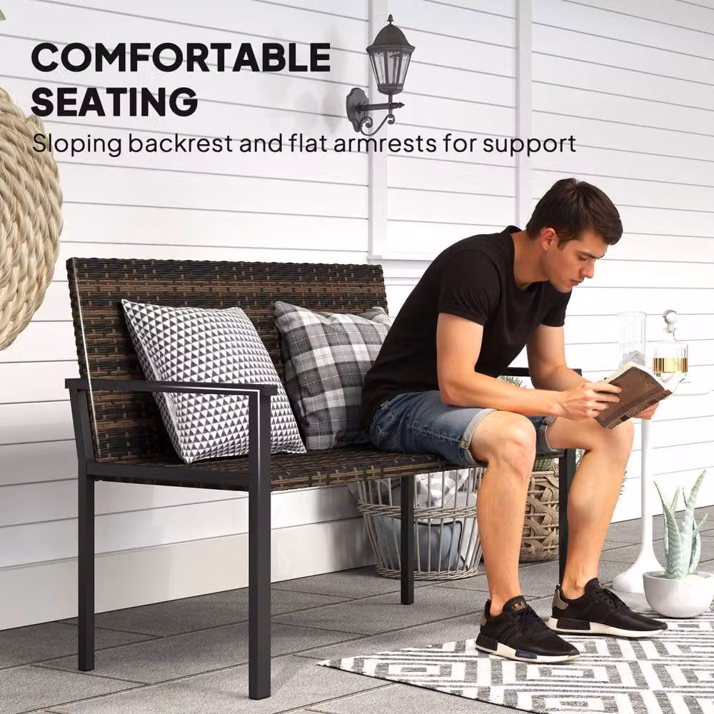 Wyld Haus Batare 2 Seater Rattan Garden Bench with Armrests in Mixed Brown and Dark Grey – 7